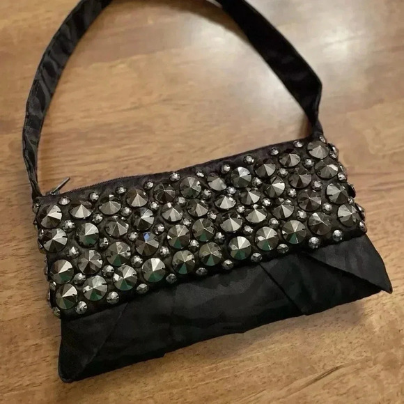 Handmade Handbag Remade Black Prom Dress 1 Of A Kind Goth Glam Retro Studded - Picture 7 of 8